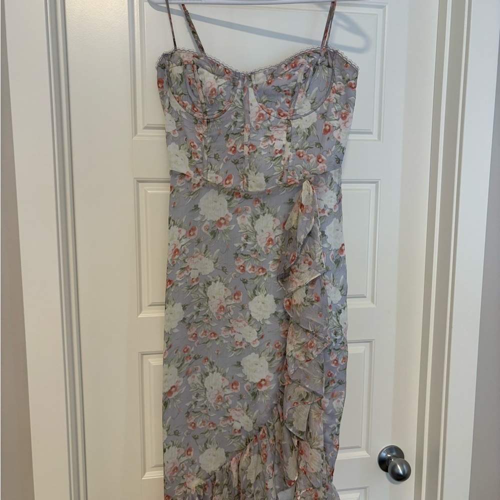 Astr Strapless Floral Dress in Gray and Pink
